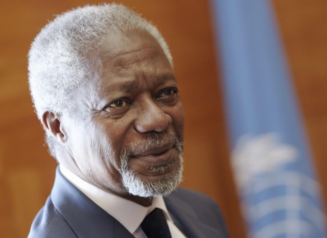 The Joint Special Envoy for Syria Annan waits for a guest before a meeting at the UN in Geneva