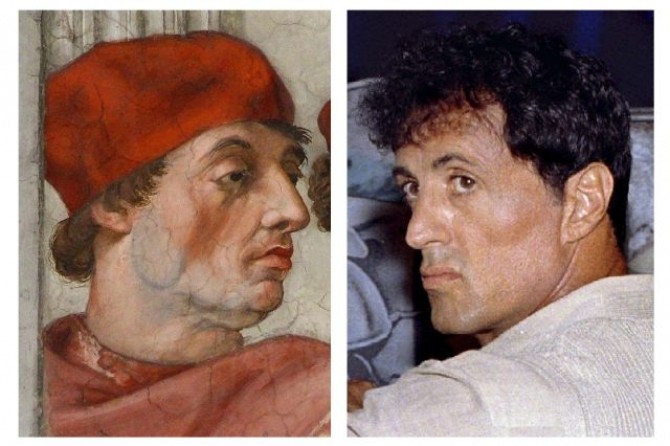 A combination photo shows a detail of a fresco by artist Raphael titled "The Cardinal and Theological Virtues" at the Vatican Museums next to a file photo of Hollywood actor Stallone posing in Beverly Hills