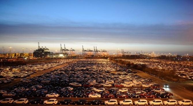 Mercedes cars are pictured at a shipping terminal in the harbour of the German northern town of Bremerhaven.