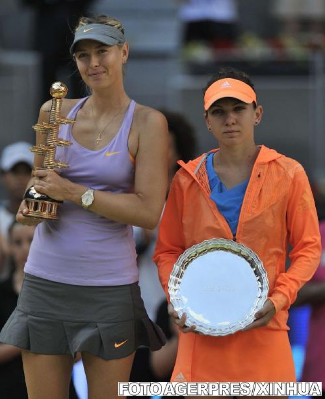 Simona Halep și Maria Șarapova, după finala pierdută de româncă la turneul de la Madrid