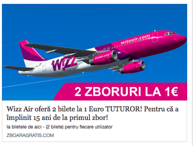 Wizz Air oferă la 2 bilete la 1 euro tuturor!