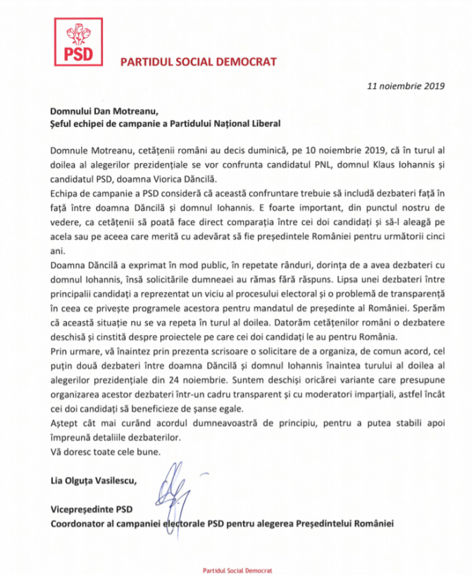 Scrisoare PSD către PNL privind dezbaterea electorală