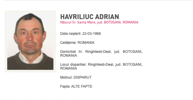 Bărbat din Botoșani, dat dispărut / Foto: Captură Poliția Română 