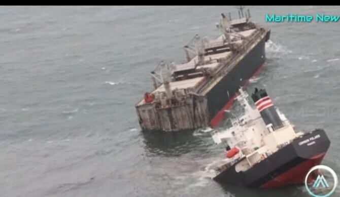 O navă s-a rupt în două într-un port în Japonia / Foto: Captură video Maritime News