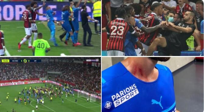 Nebunie în Franța. Suporterii lui Nice au intrat pe teren și s-au bătut cu jucătorii lui Marseille / Captură Video  Molatsportgist Twitter