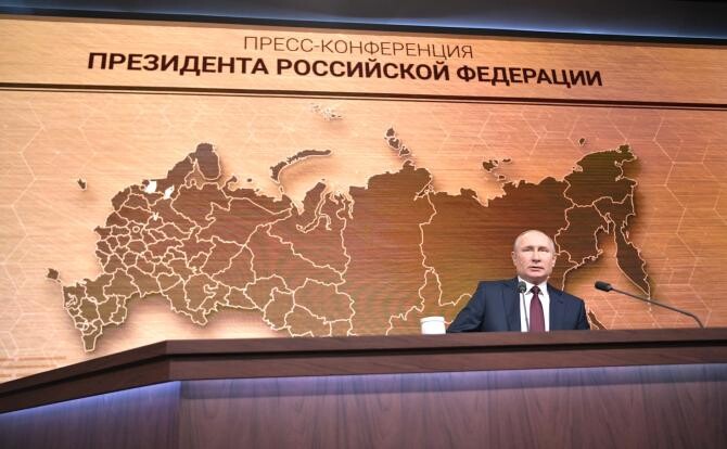 Președintele Vladimir Putin, în timpul conferinței sale anuale. Sursă foto: Kremlin via DefenseRomania