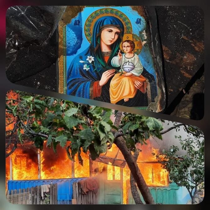 Miracol în Botoșani, în apropierea sărbătorii Sfintei Maria. O icoană a rămas intactă în urma unui incendiu care a distrus complet o casă / Foto: Facebook ISU Botoșani