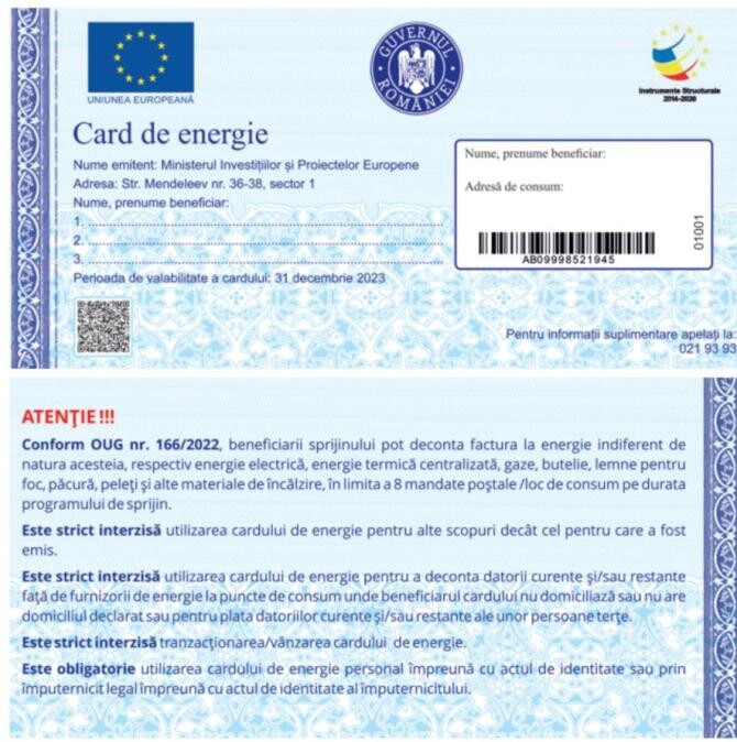 Modelul cardului de energie, aprobat de Ministerul Investițiilor și Proiectelor Europene. Iată cum va arăta 